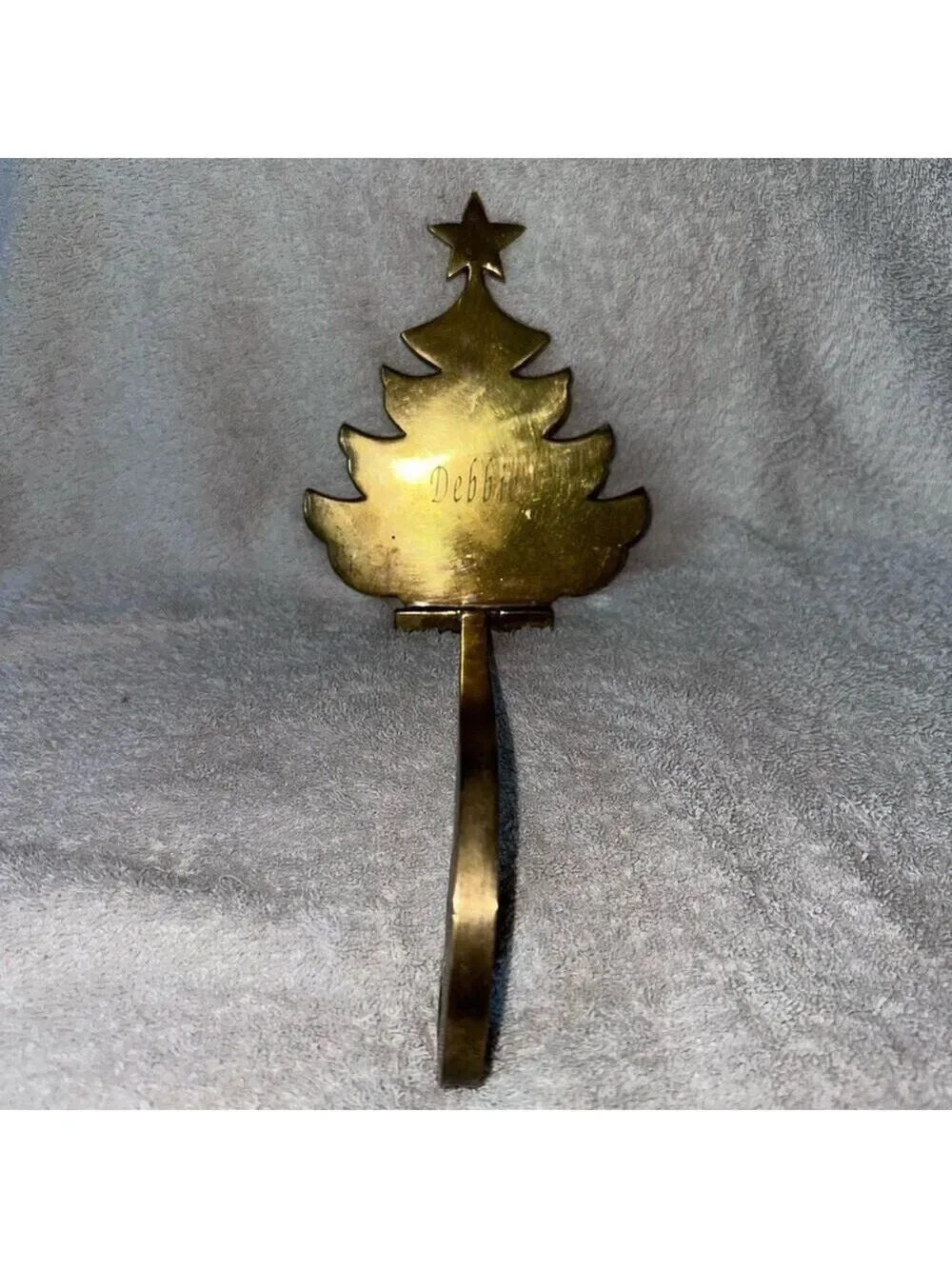 Vintage Solid Brass Tree Silhouette Christmas Stocking Hanger Flat Etched Debbie